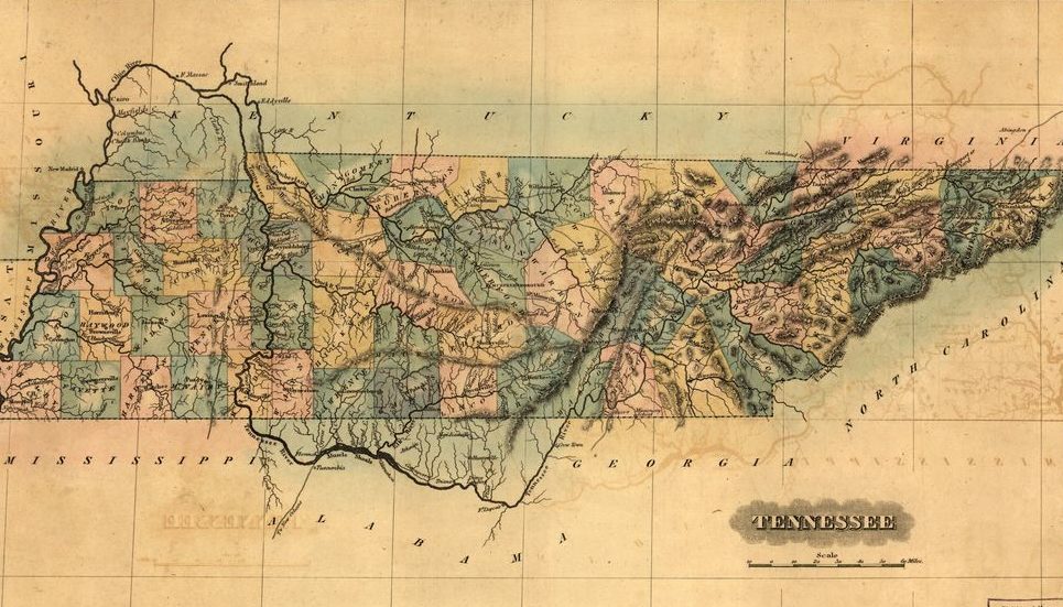 Aged topographical map of Tennessee and its 95 counties