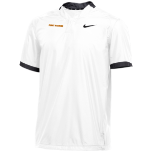 White short sleeve polo with black Nike check and black collar and cuffs with orange Plant Sciences on the right chest