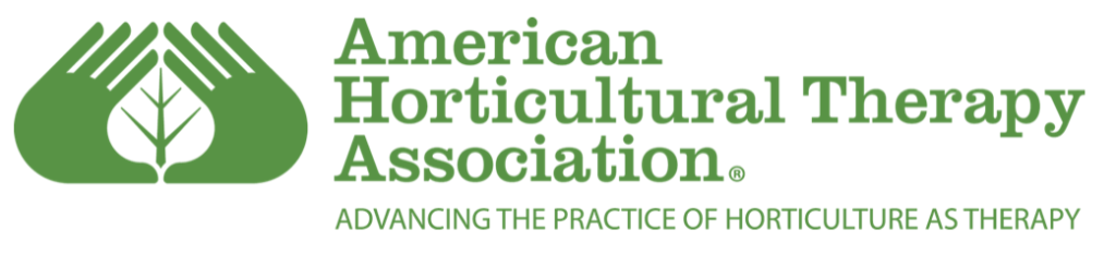 American Horticultural Therapy Association logo with their name, motto, "advancing the practice of horticulture as therapy," and icon with two hands with a leaf between them all in green