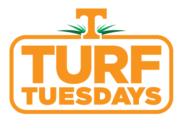 Turf Tuesdays logo with Turfgrass logo on top, an orange power T with stylized blades of grass with "Turf Tuesdays" below in stylized orange font, surrounded by a rounded corner rectangle