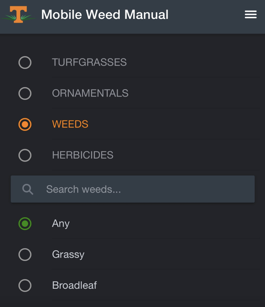 Mobile Weed Manual homepage with title and turfgrass logo, a power t with stylized grass blades, with places to search turfgrass, ornamentals, weeds, and herbicides