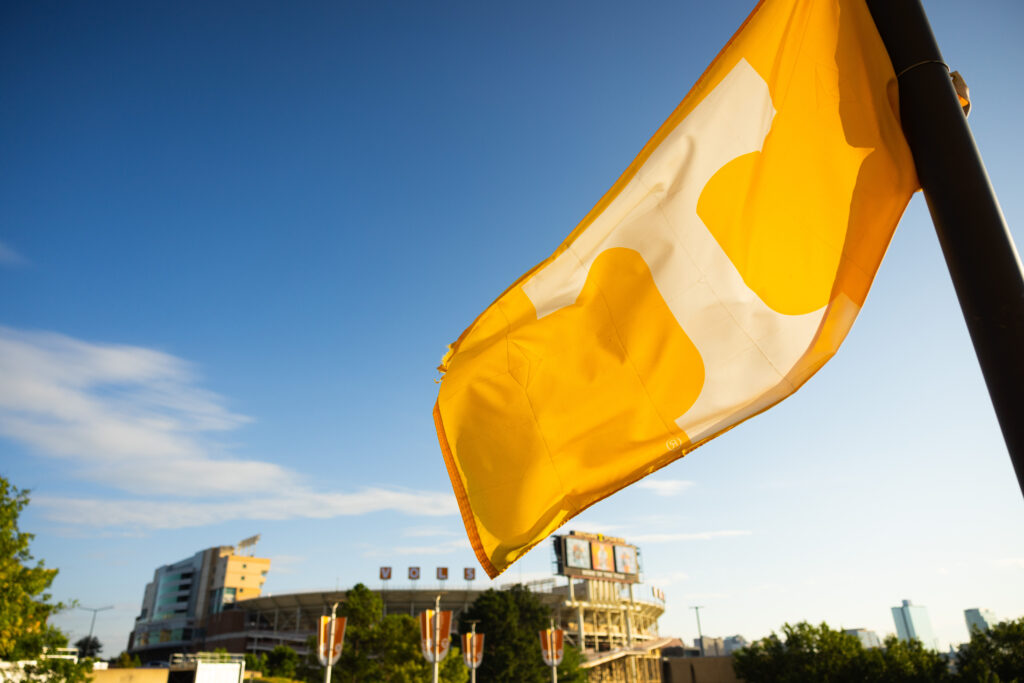 A UT flag flying near Neyland Stadium