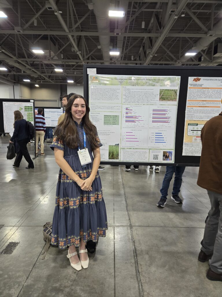 Photo of a woman standing in front of a poster
