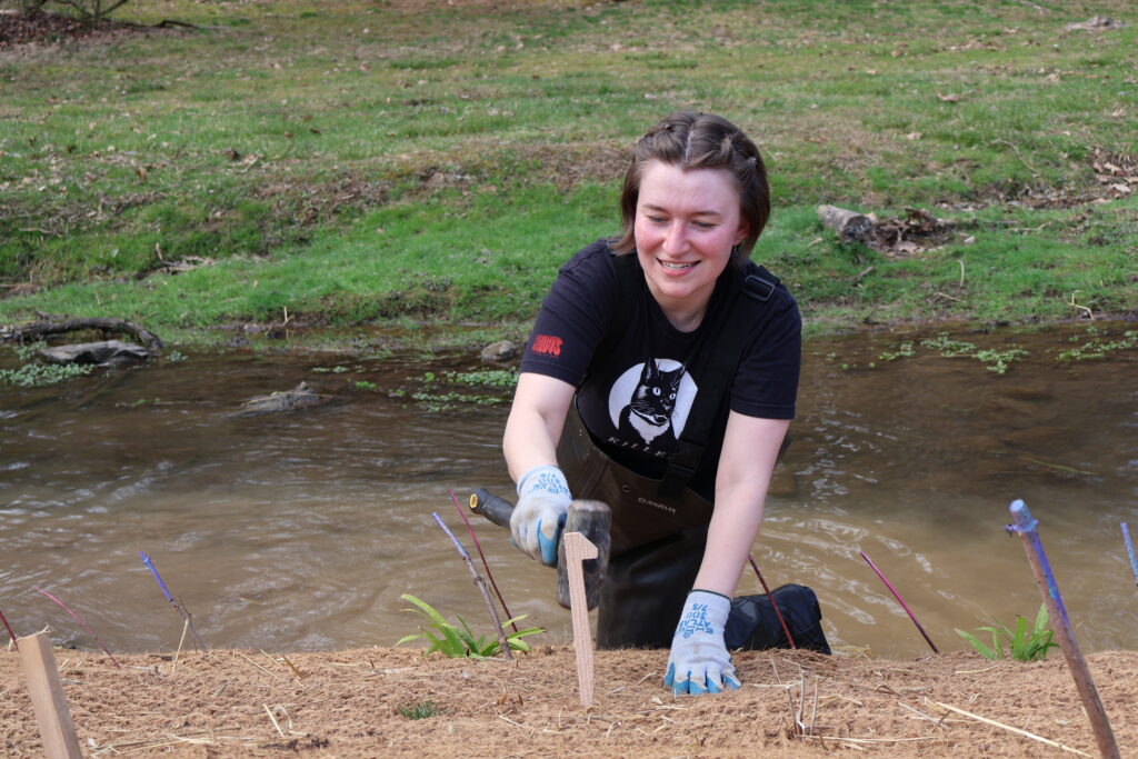 Student putting a stake in the ground