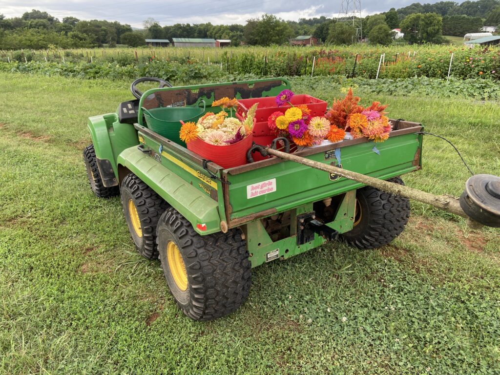 Photo of a tractor with flowers in the back