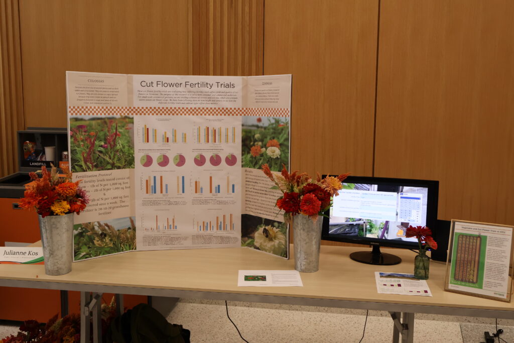 Photo of a table with three flower vases, a poster board, and a computer monitor