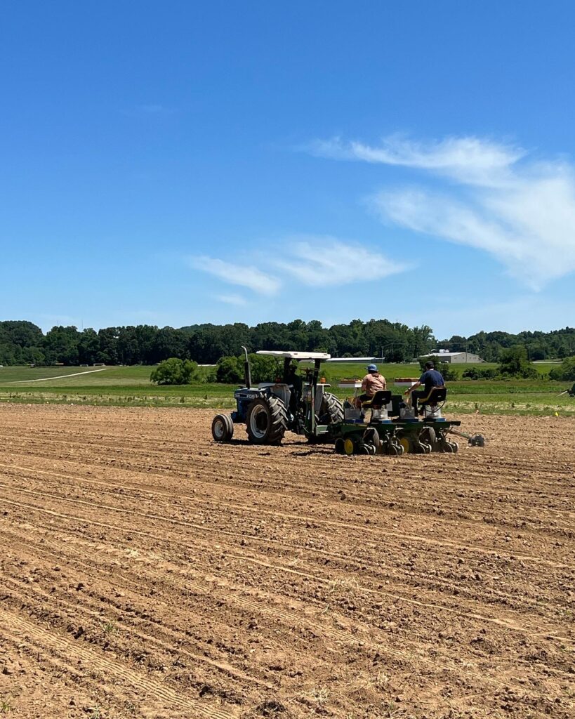 Tractors in a field with two people on them